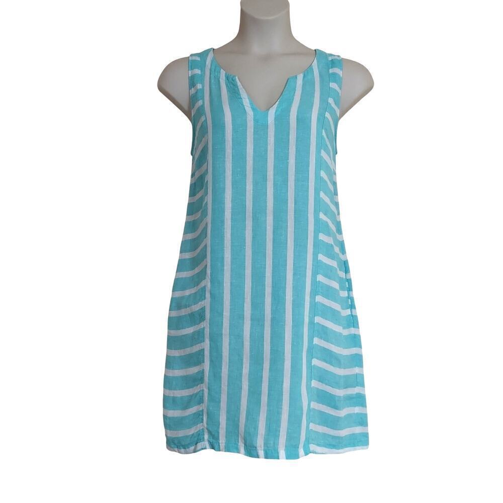 Sigrid Olsen Women's Mint Green Striped Linen Sleeveless Shift Dress - Picture 2 of 8
